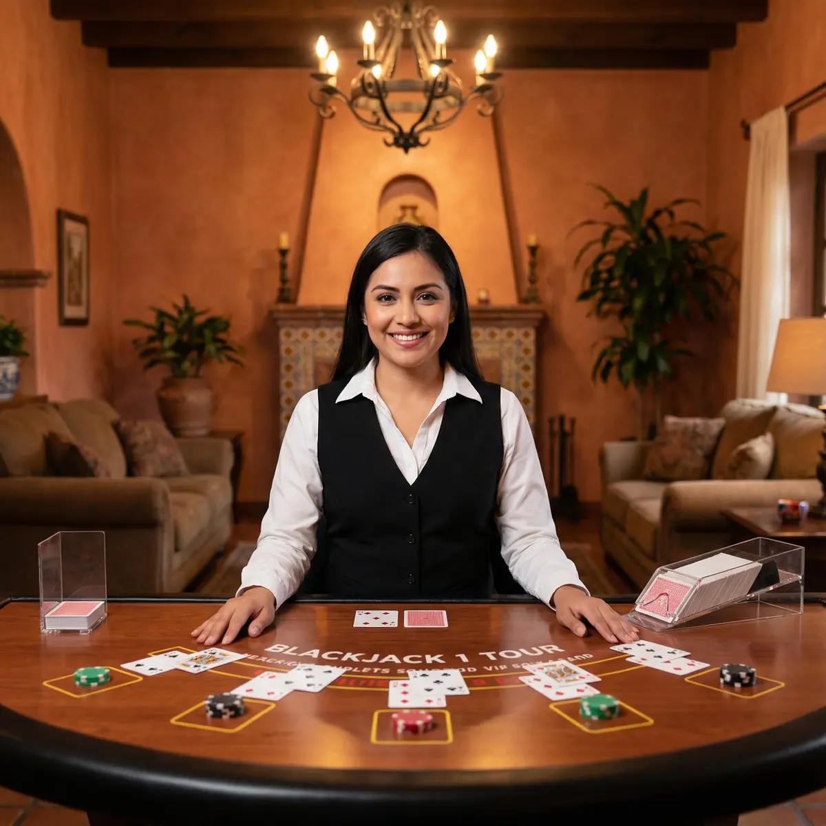 Crupier profesional en mesa de casino en vivo